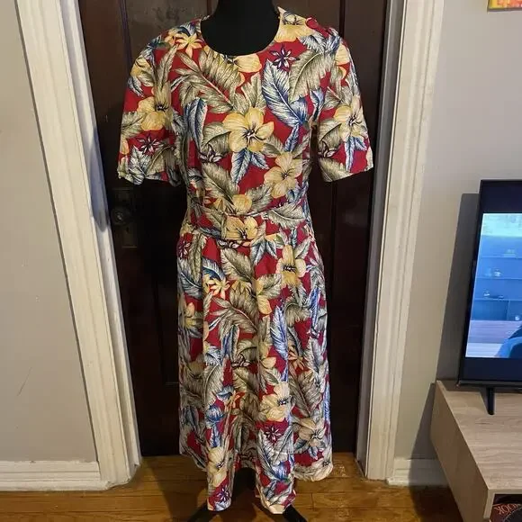 Vintage 90s Talbots Womens 8 Belted Linen Blend Short Sleeve Hawaiian Dress USA - Picture 13 of 15